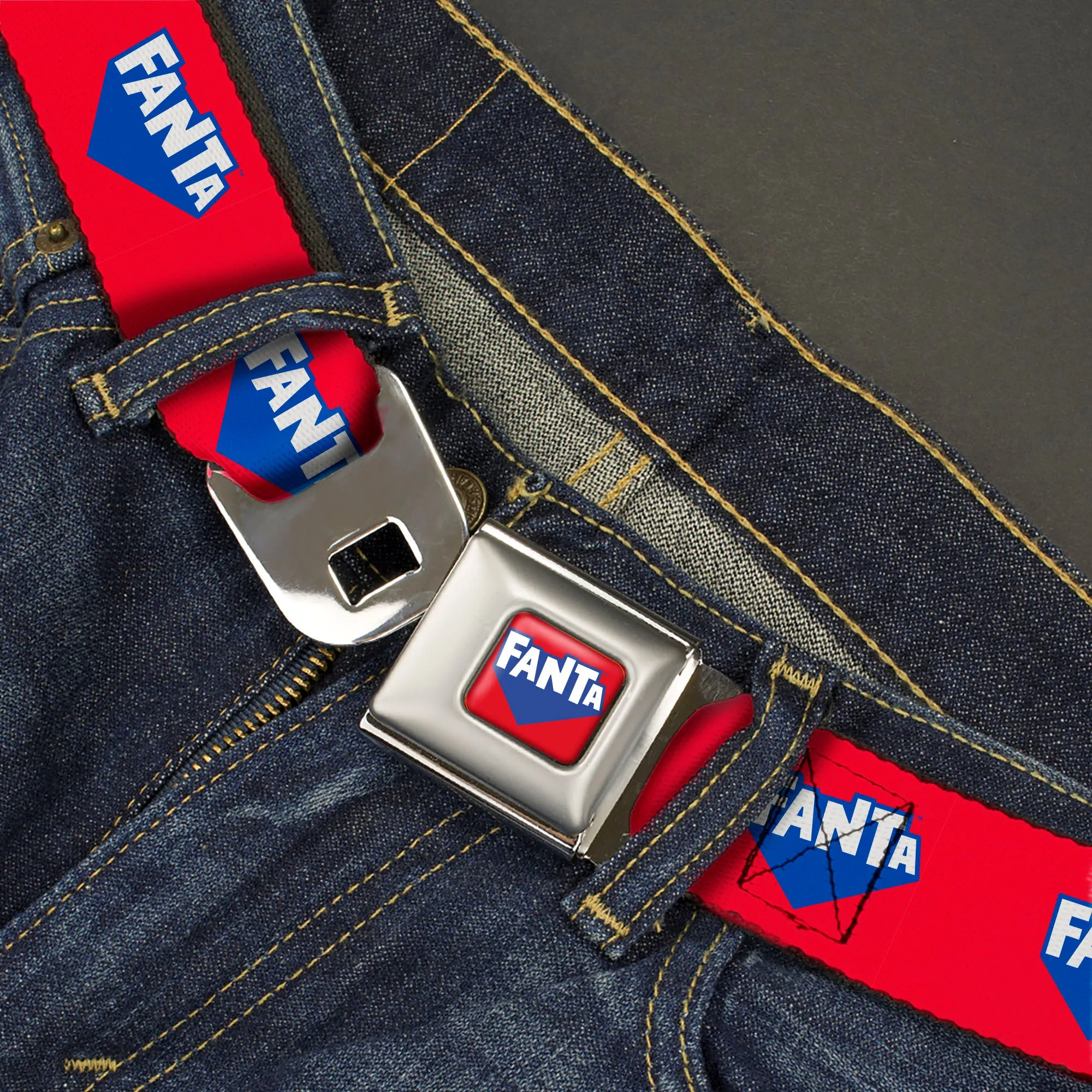 FANTA Logo Full Color Strawberry Red/Blue/White Seatbelt Belt - FANTA Logo Strawberry Red/Blue/White Webbing