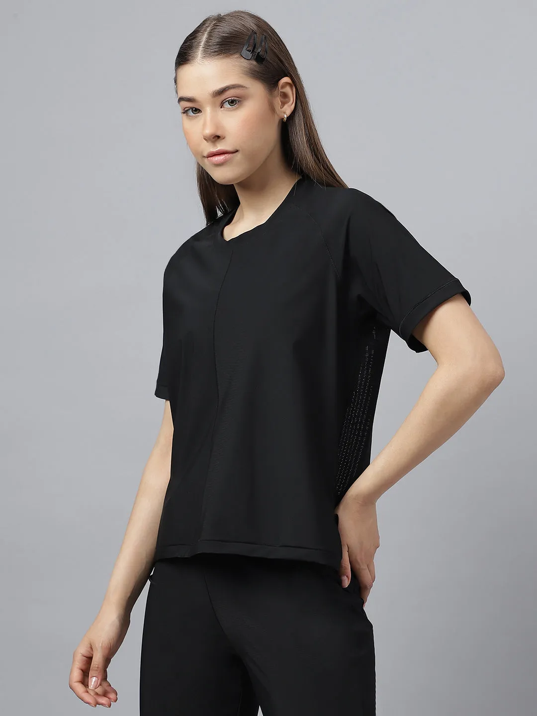 Fitkin women self stripes back mesh design short sleeves t-shirt