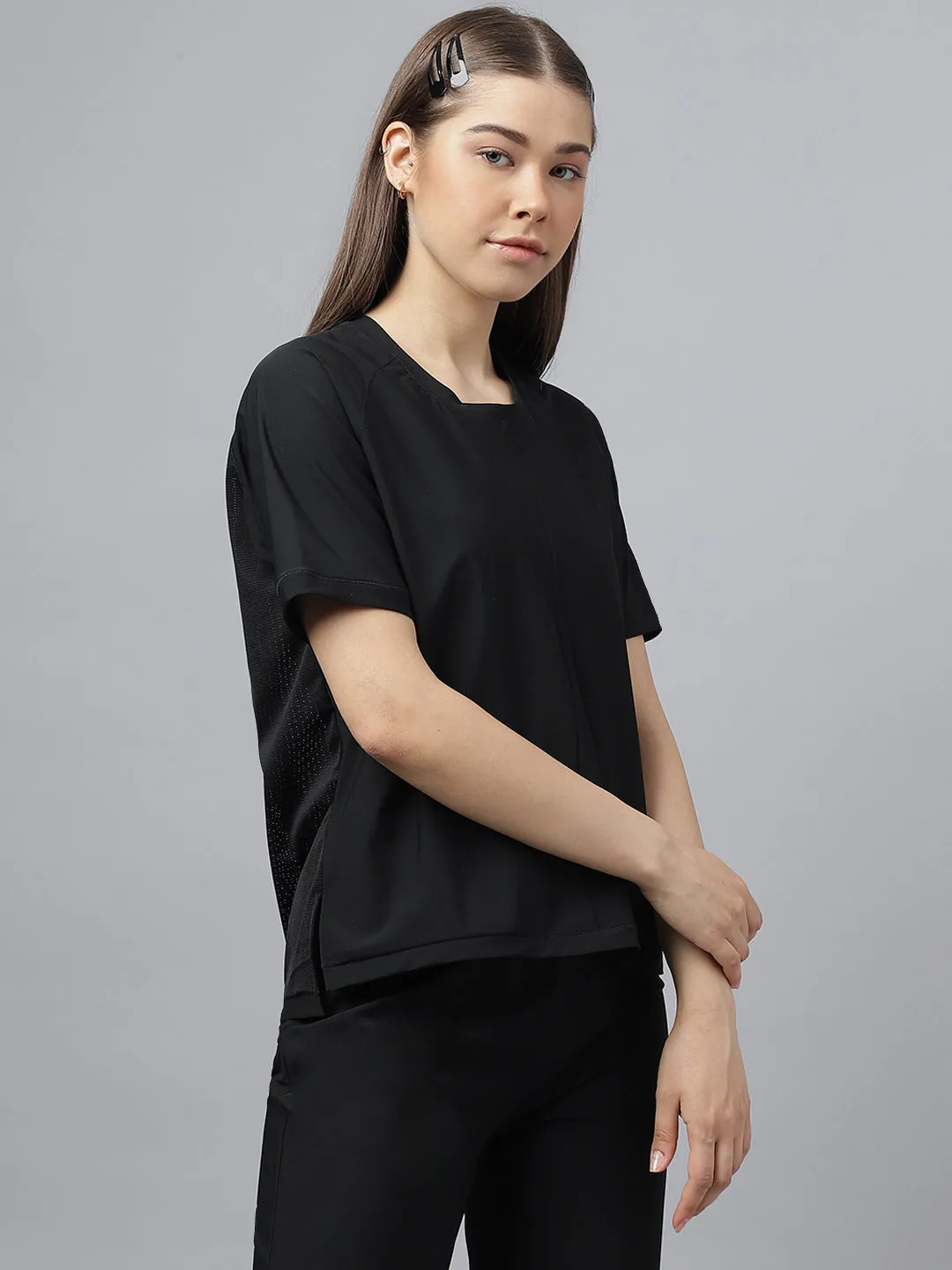Fitkin women self stripes back mesh design short sleeves t-shirt