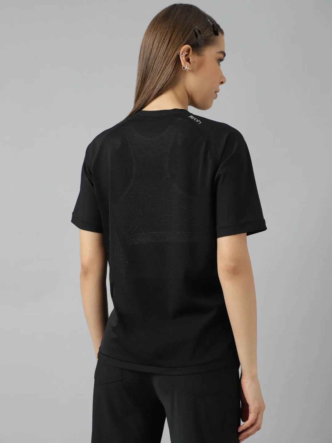 Fitkin women self stripes back mesh design short sleeves t-shirt