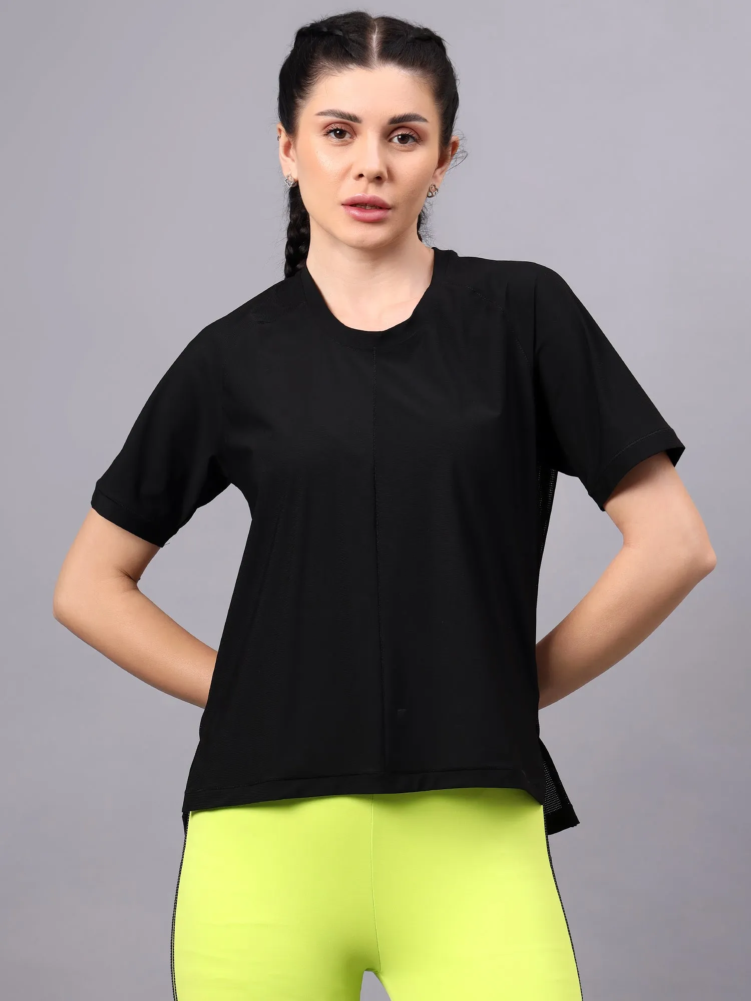 Fitkin women self stripes back mesh design short sleeves t-shirt
