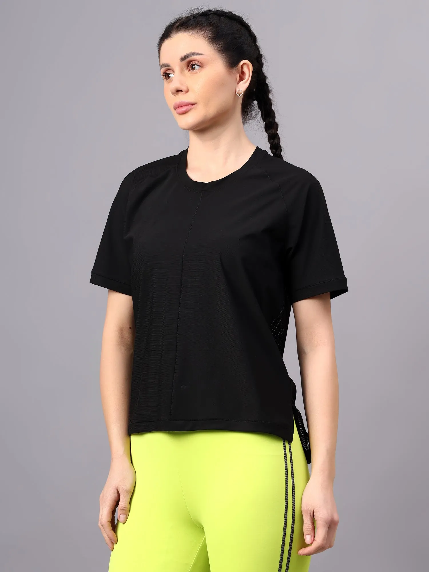 Fitkin women self stripes back mesh design short sleeves t-shirt