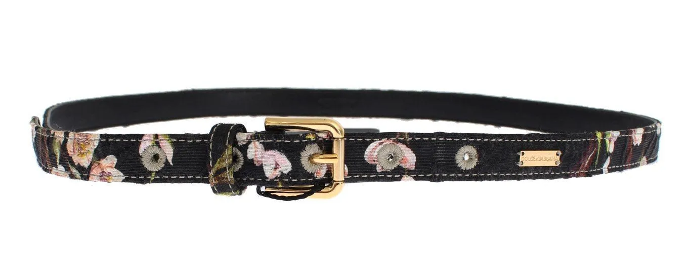 Floral Print Leather Gold Buckle Logo Belt