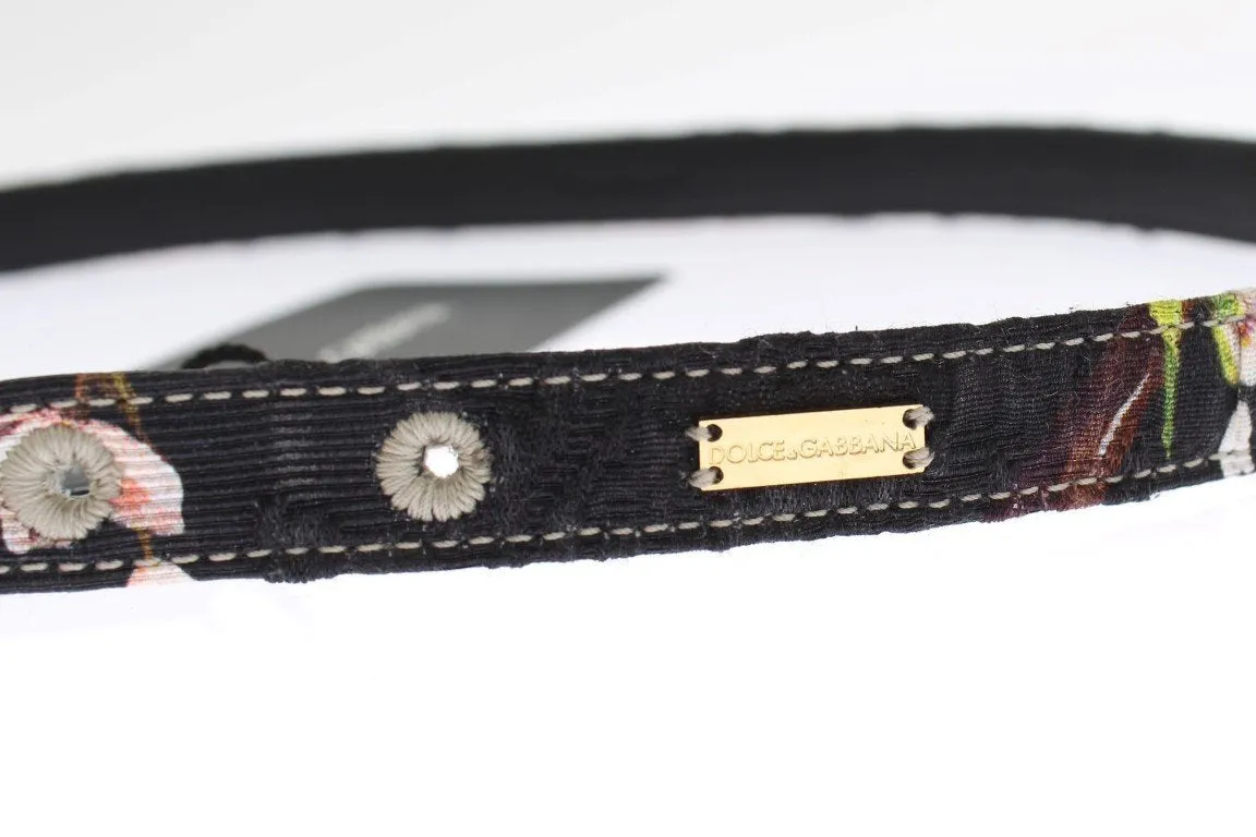 Floral Print Leather Gold Buckle Logo Belt