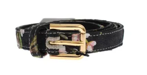 Floral Print Leather Gold Buckle Logo Belt