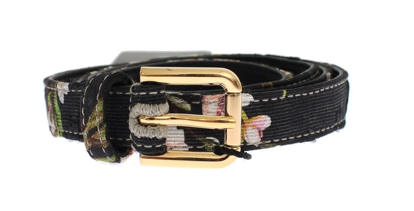 Floral Print Leather Gold Buckle Logo Belt