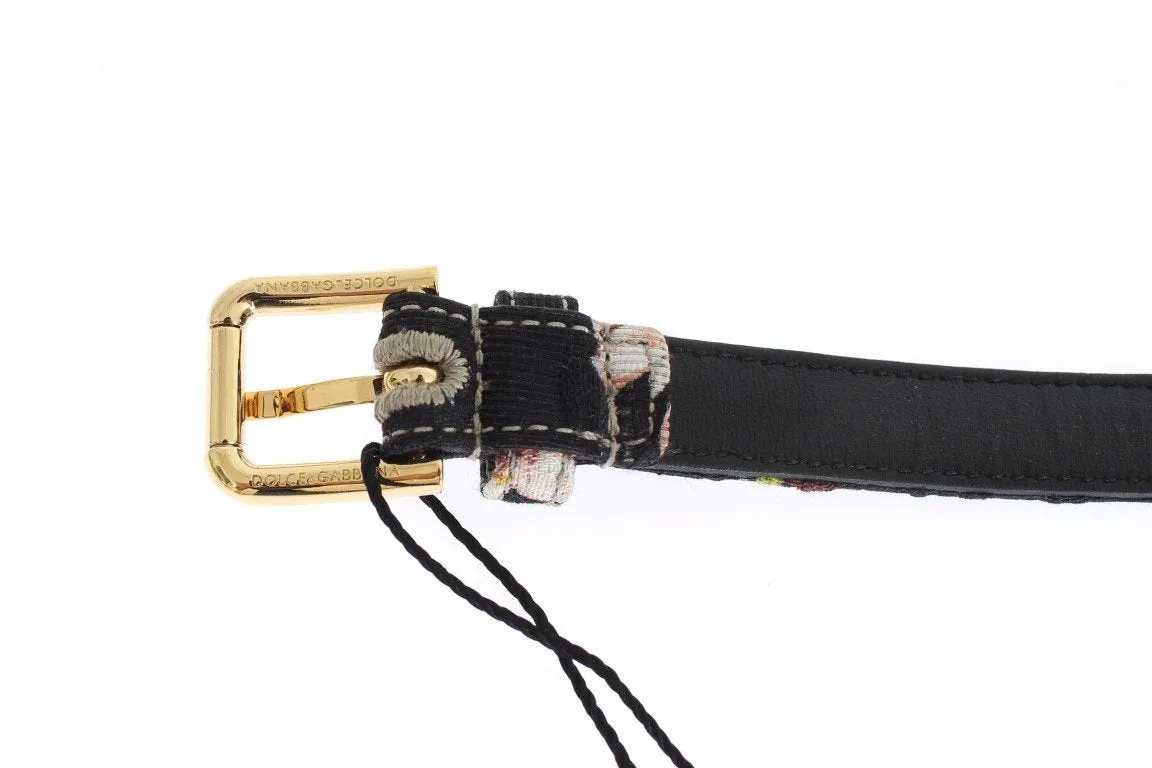 Floral Print Leather Gold Buckle Logo Belt