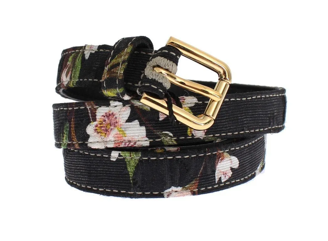 Floral Print Leather Gold Buckle Logo Belt