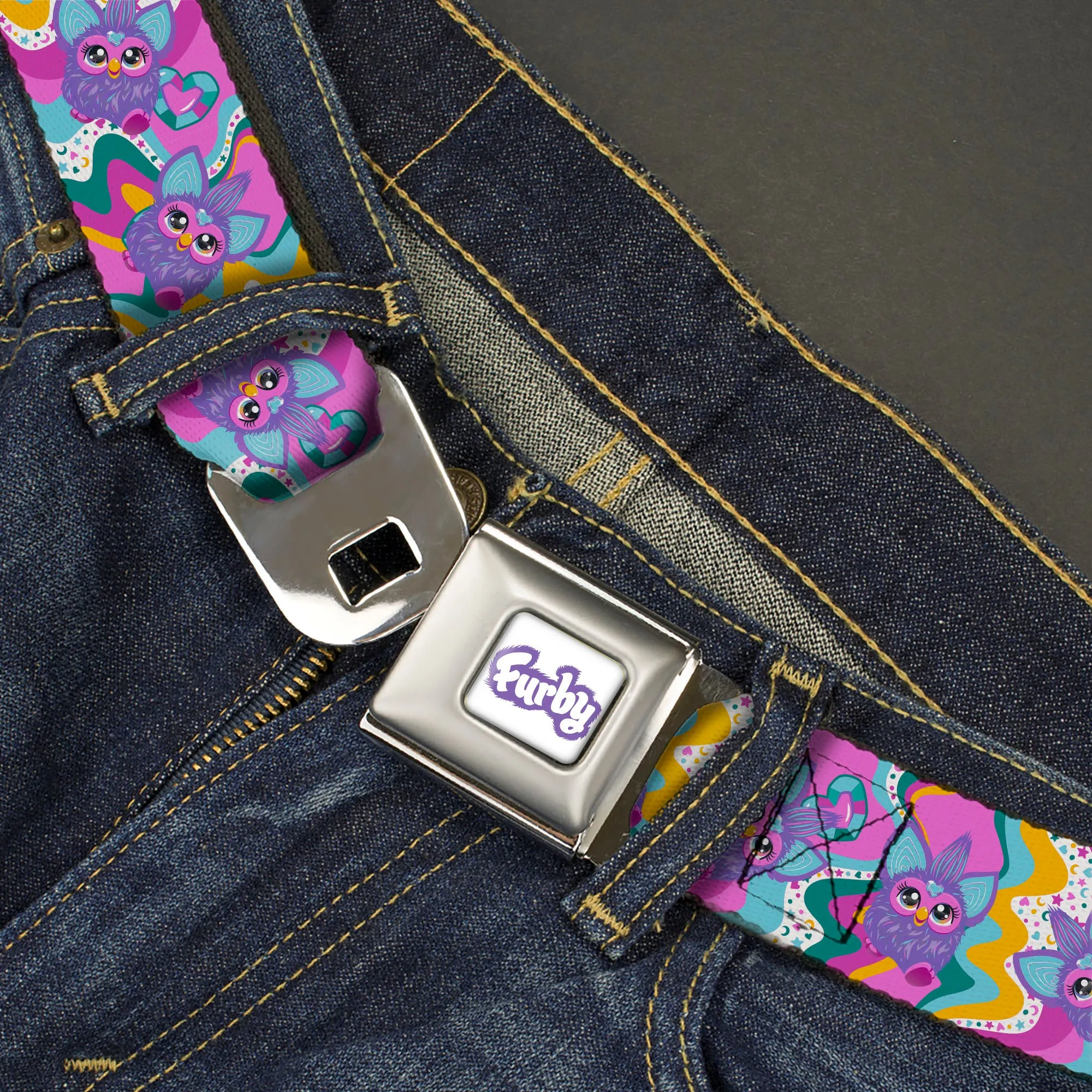 FURBY Title Logo Full Color White/Purple Seatbelt Belt - Furby Purple Dancing Pose Collage Multi Color Webbing