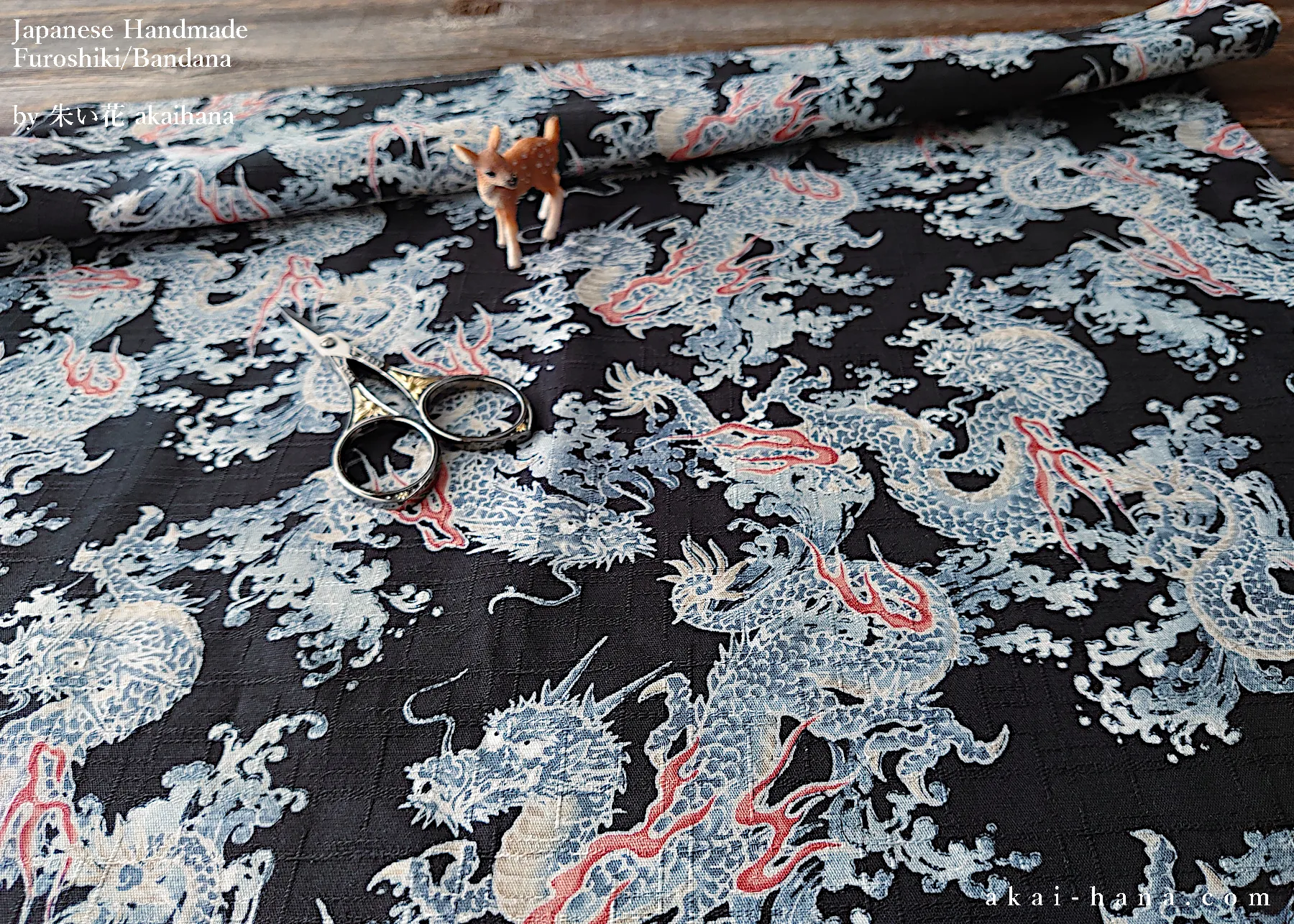Furoshiki Reusable Fabric Wrap, Bandana, Ryū Dragon Black ⦿fsjf0025