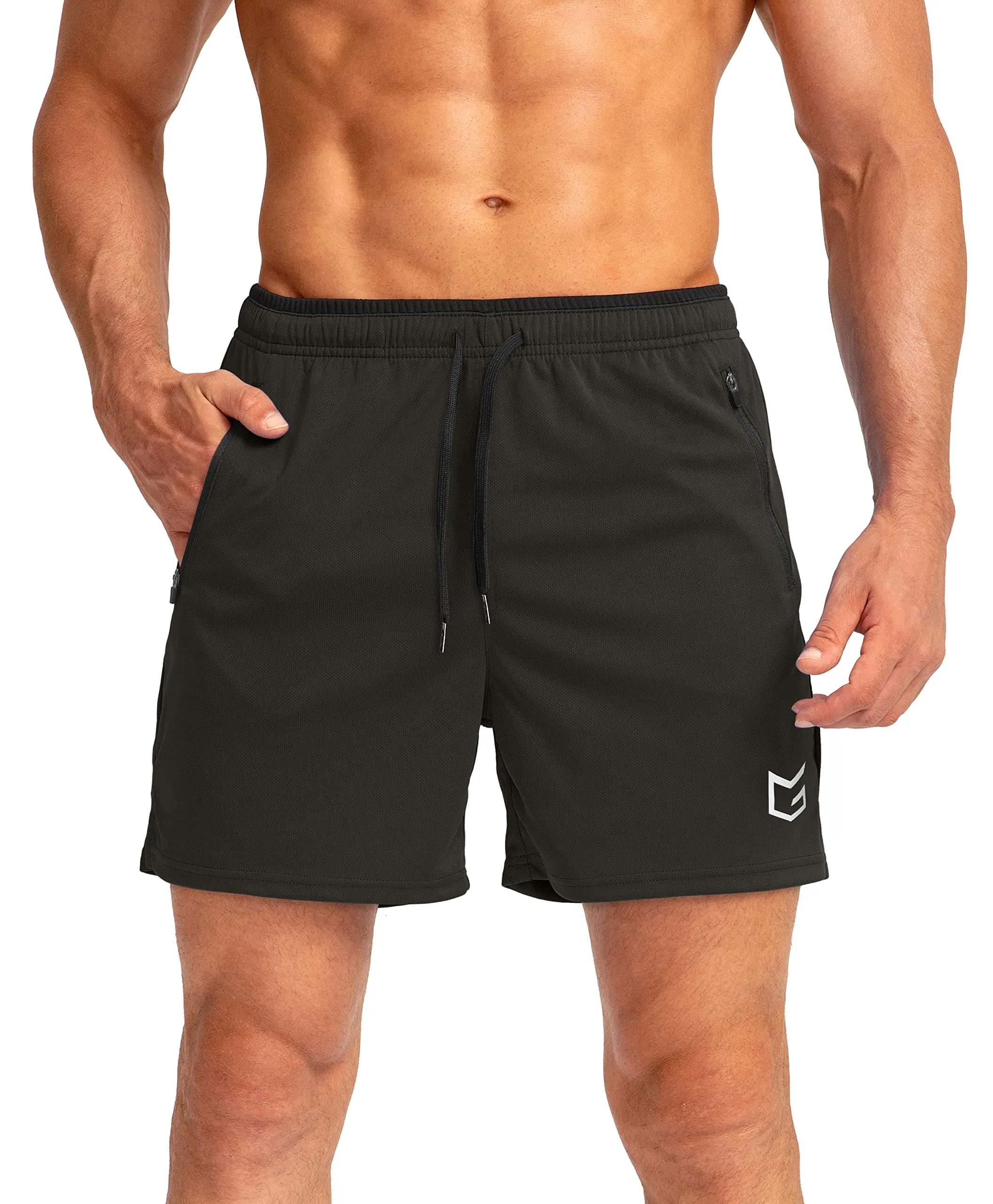 G Gradual Men's Running Shorts with Zipper Pockets Quick Dry Gym Athletic Workout 5" Shorts for Men (Olive Green)