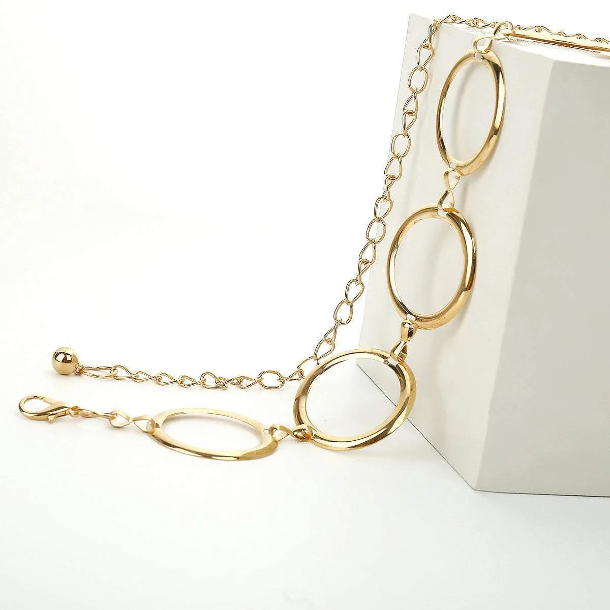 Geometrical O Ring Shape Waist Belt - Chic Gold Tone Body Chain - Elegent Minimalist Big Ring Belly Chain