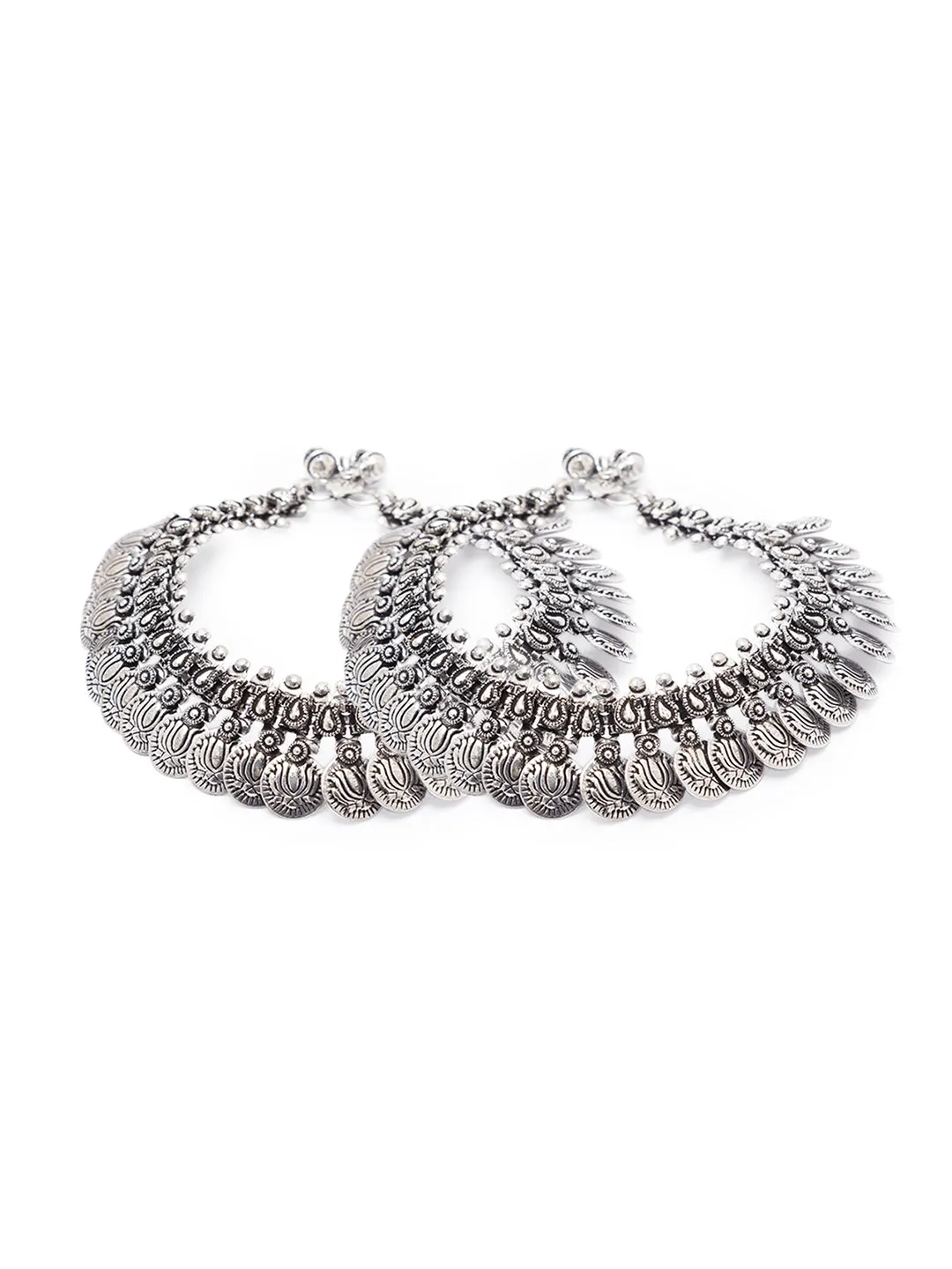 German Oxidised Silver Anklets Lotus Coin Payal Silver Plating Paijan With Ghungroo Foot Jewellery