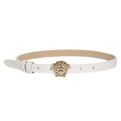 Girls Skinny Leather Belt with Full Gold Medusa Head-White