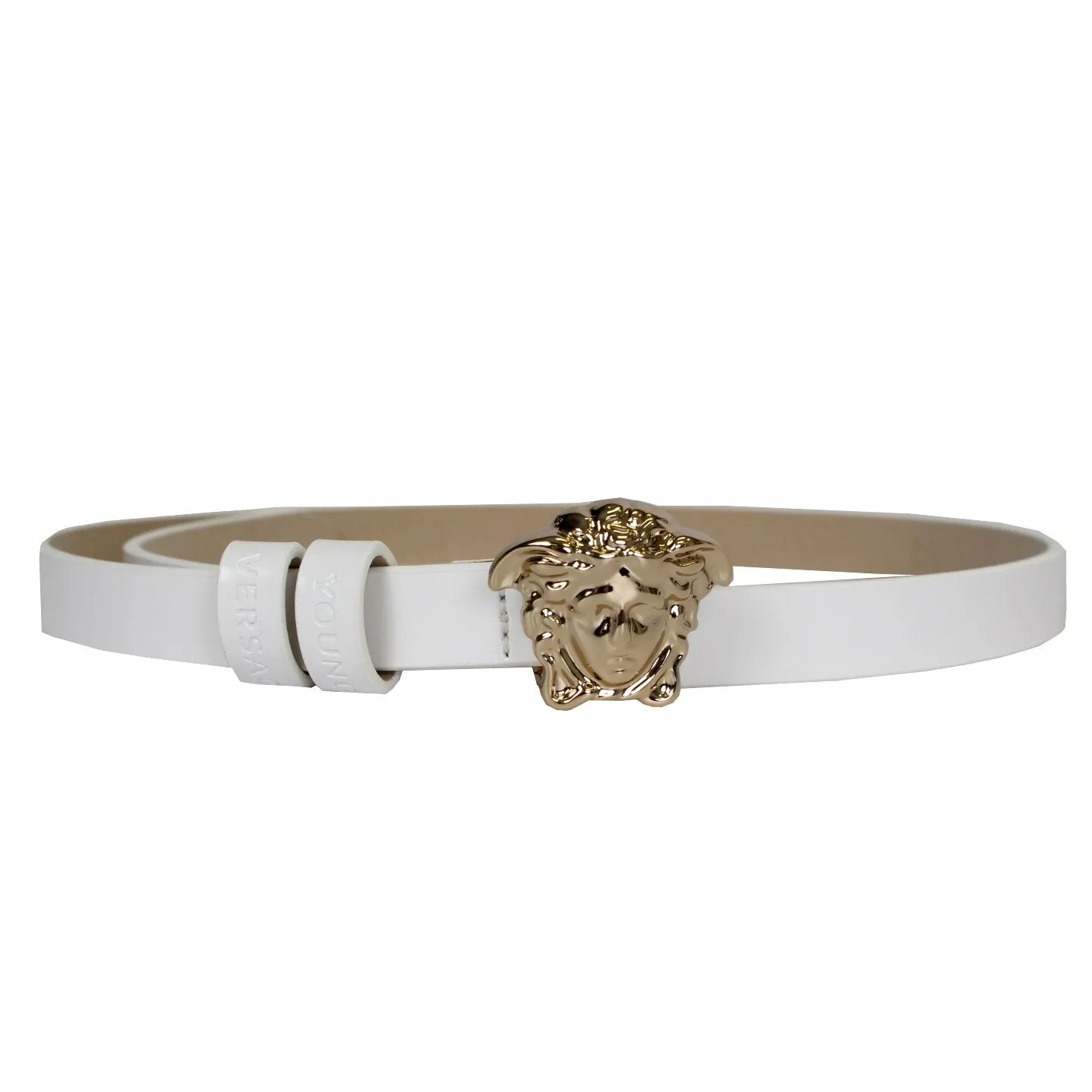 Girls Skinny Leather Belt with Full Gold Medusa Head-White