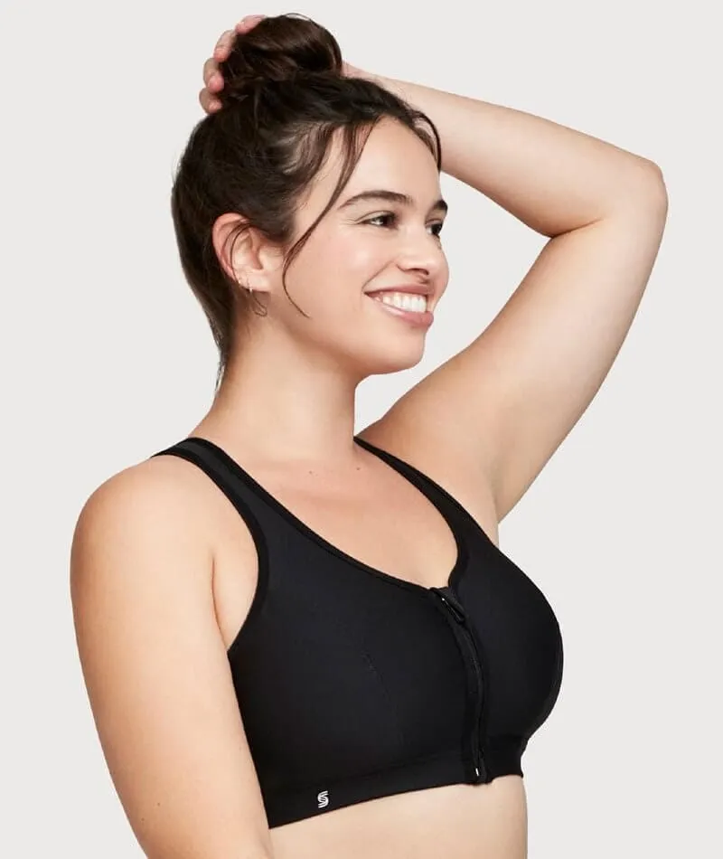 Glamorise Zip Up Front-Closure Wire-Free Sports Bra - Black