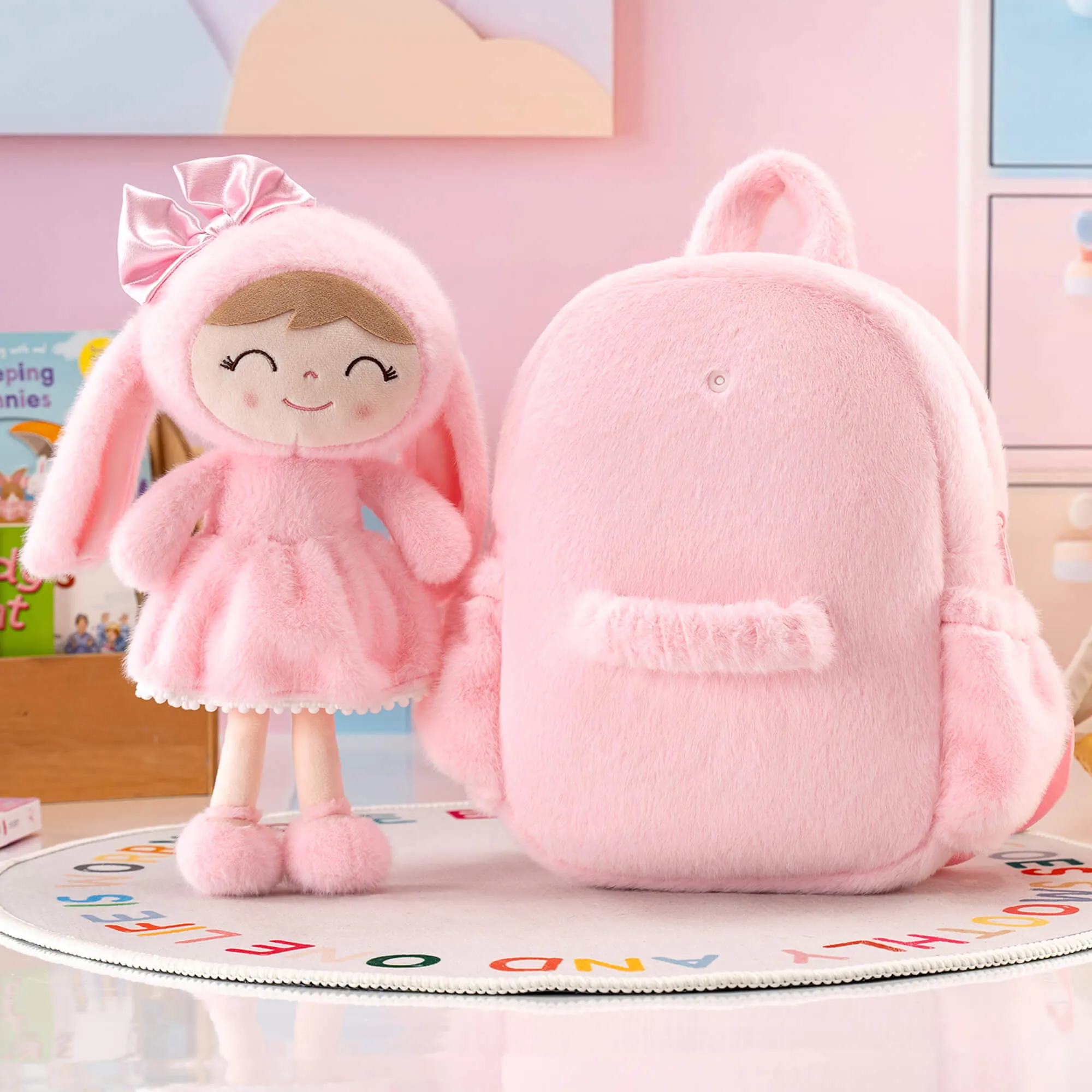 Gloveleya 11-inch Toddler Girl Backpack Snow Ferret Kindergarten Backpacks with 12-inch Pink Bunny Doll