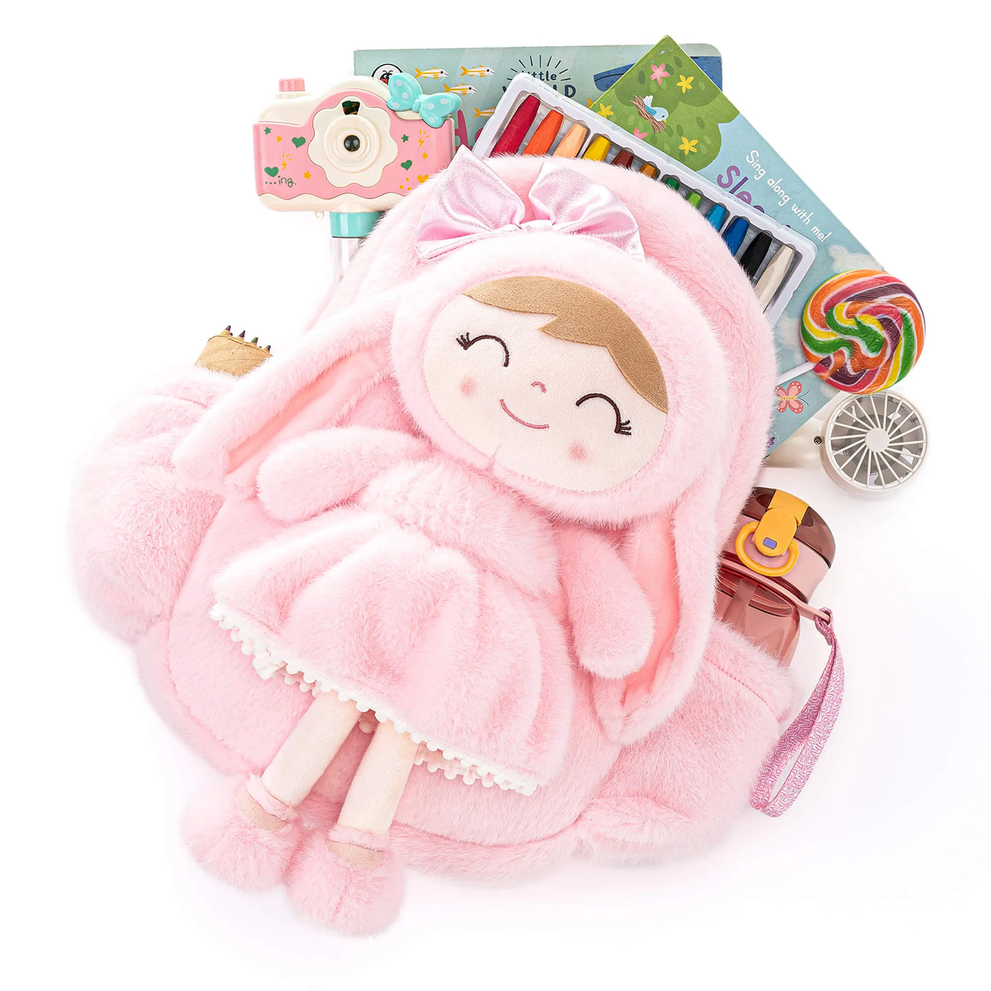 Gloveleya 11-inch Toddler Girl Backpack Snow Ferret Kindergarten Backpacks with 12-inch Pink Bunny Doll