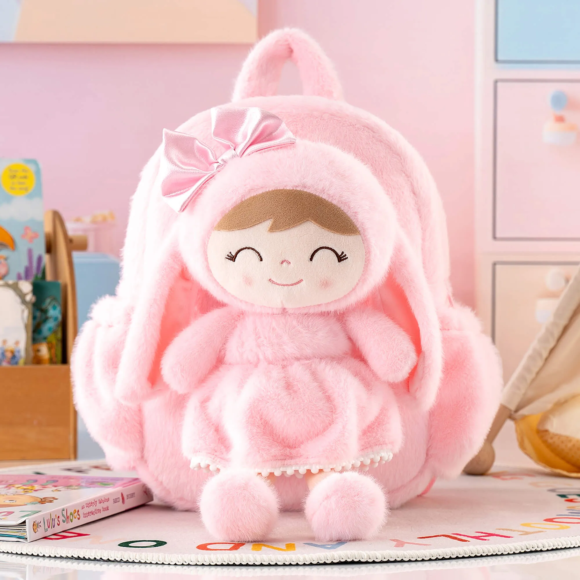 Gloveleya 11-inch Toddler Girl Backpack Snow Ferret Kindergarten Backpacks with 12-inch Pink Bunny Doll