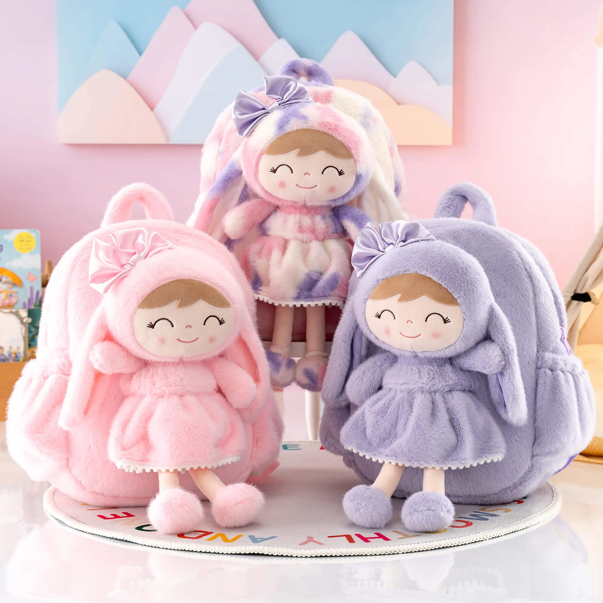 Gloveleya 11-inch Toddler Girl Backpack Snow Ferret Kindergarten Backpacks with 12-inch Pink Bunny Doll