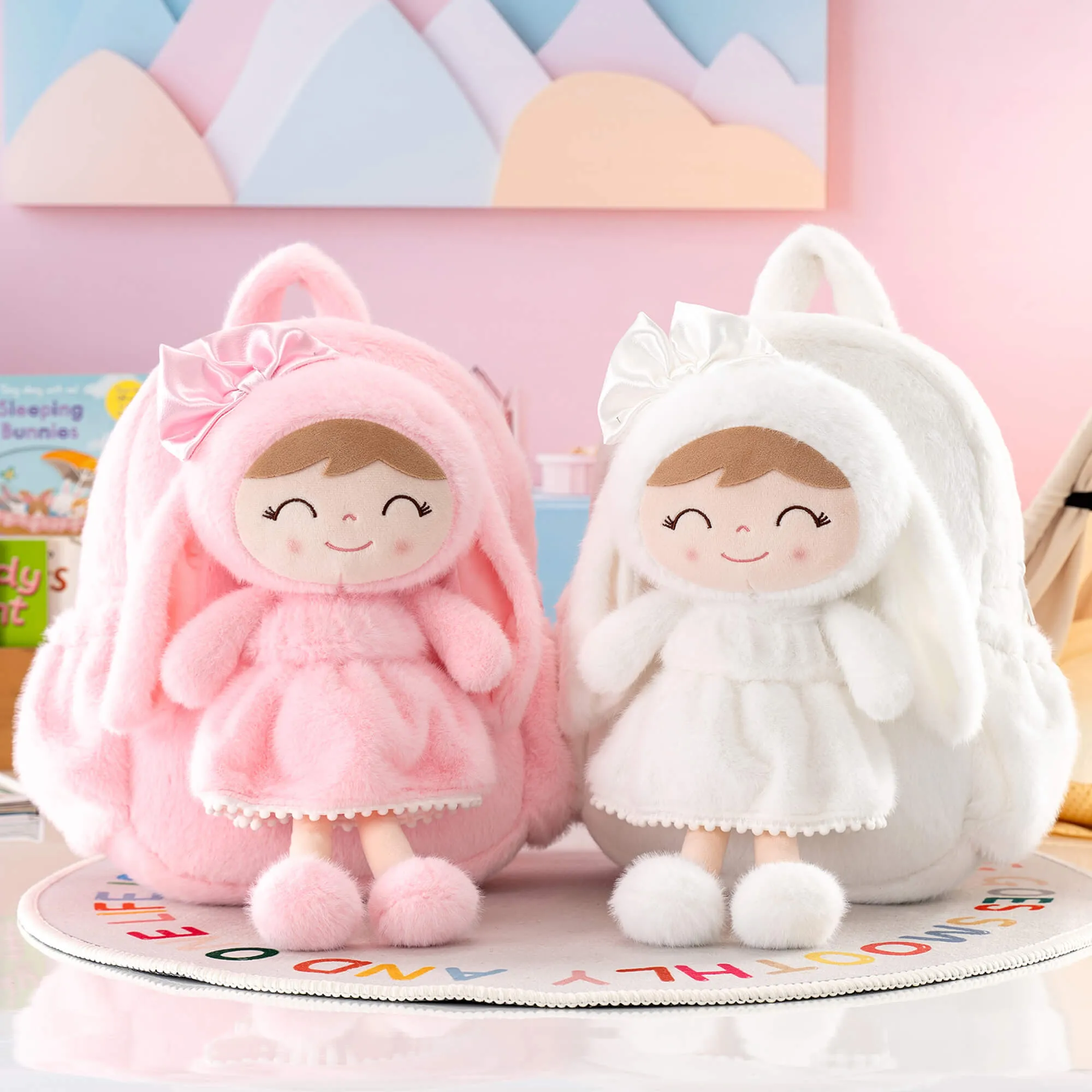 Gloveleya 11-inch Toddler Girl Backpack Snow Ferret Kindergarten Backpacks with 12-inch Pink Bunny Doll