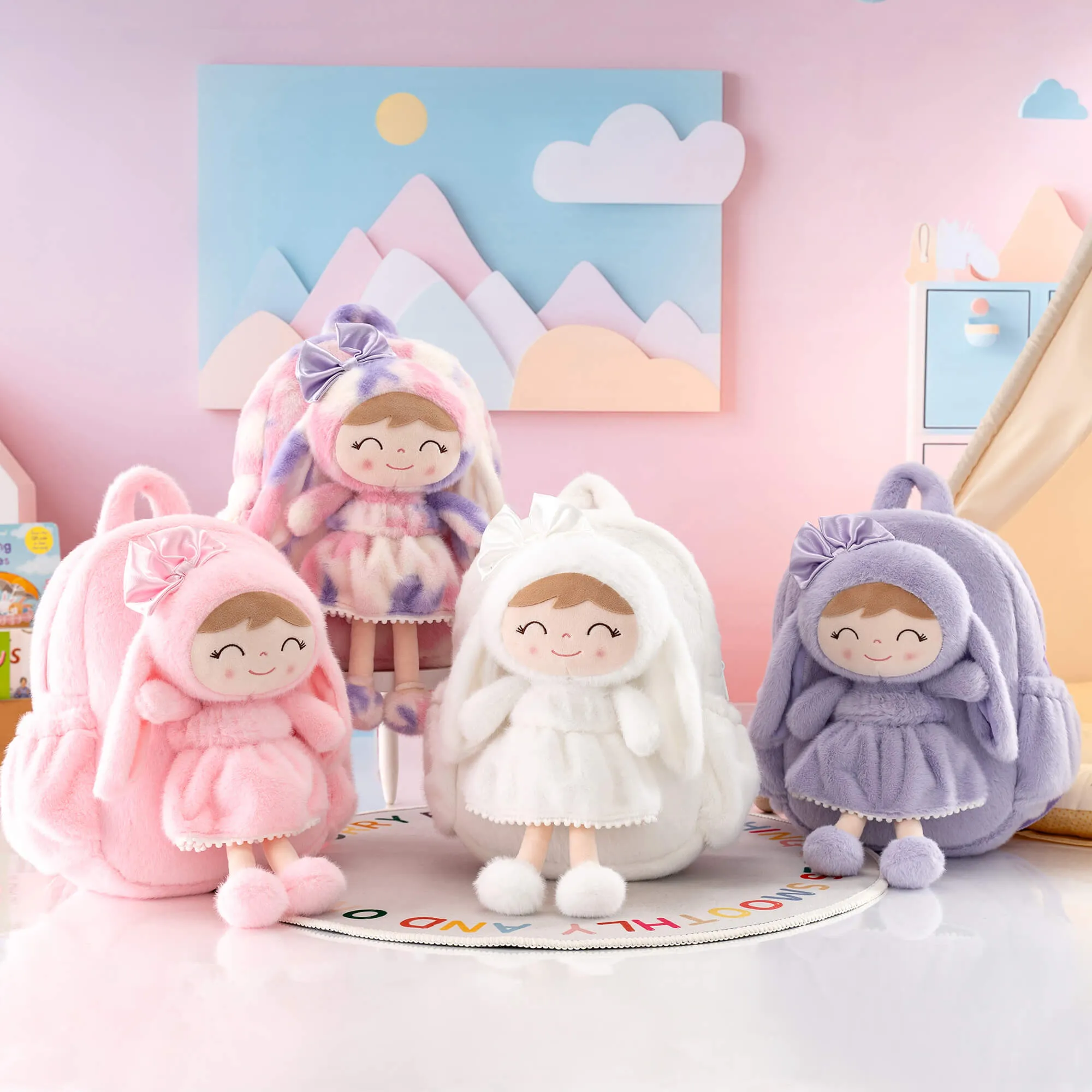 Gloveleya 11-inch Toddler Girl Backpack Snow Ferret Kindergarten Backpacks with 12-inch Pink Bunny Doll