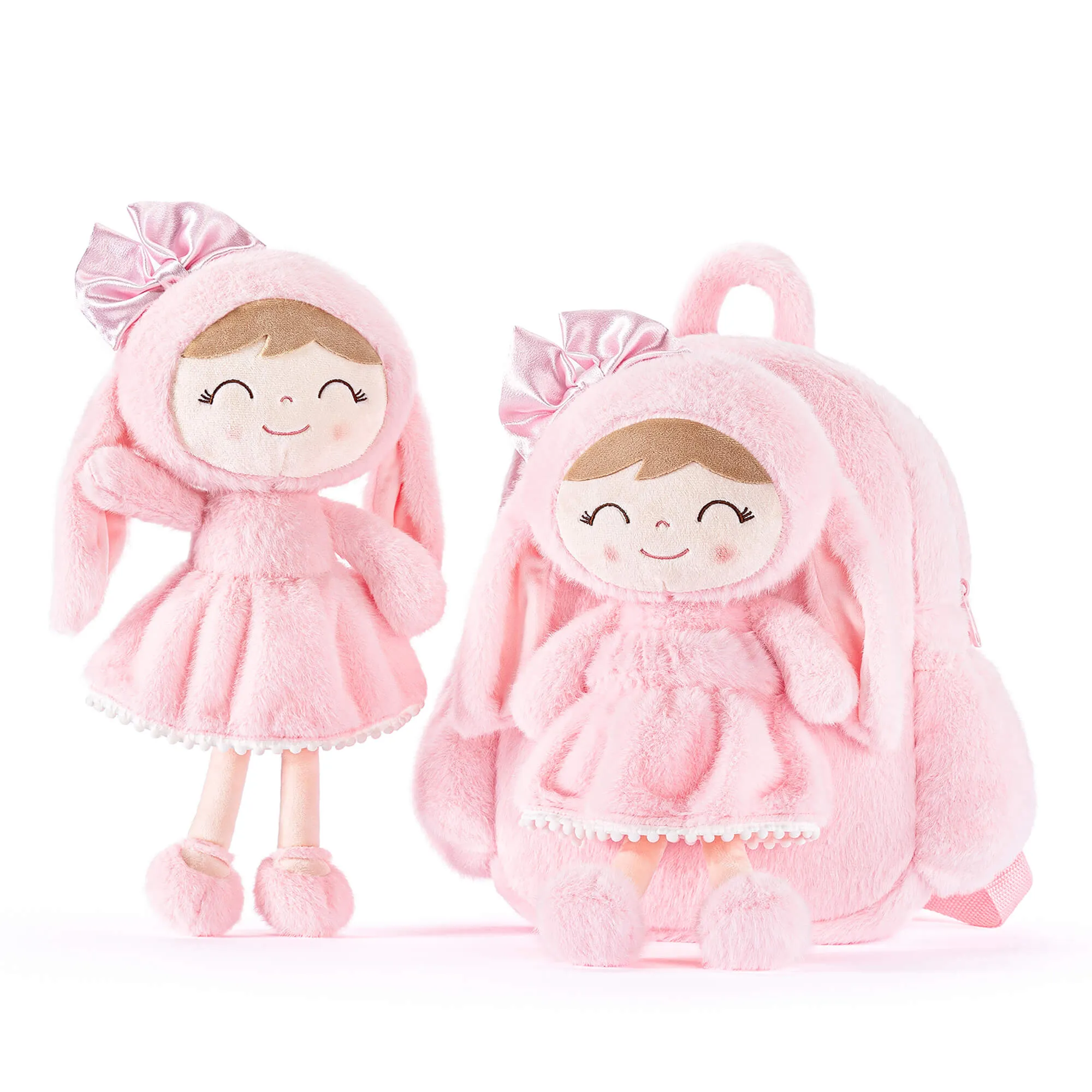 Gloveleya 11-inch Toddler Girl Backpack Snow Ferret Kindergarten Backpacks with 12-inch Pink Bunny Doll