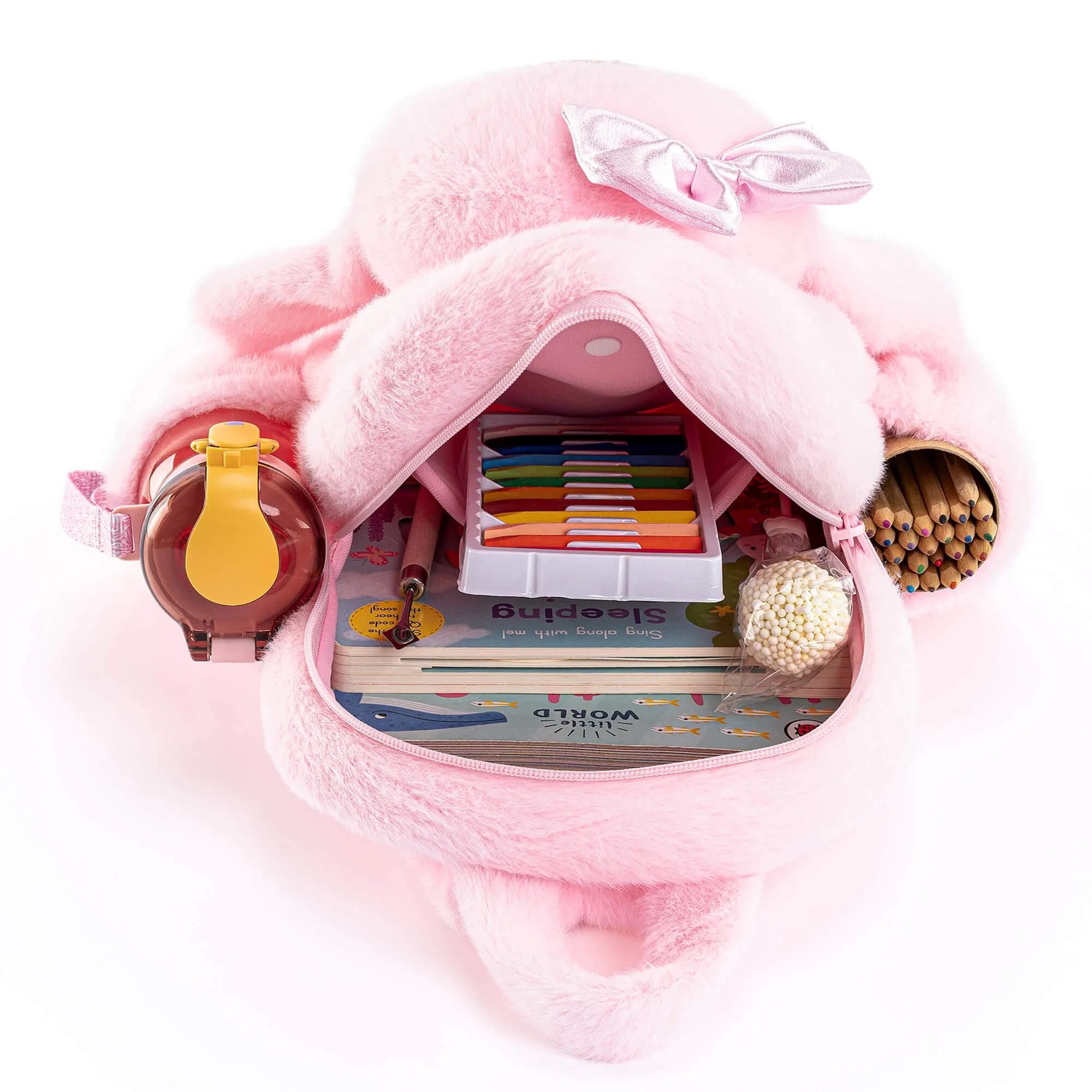 Gloveleya 11-inch Toddler Girl Backpack Snow Ferret Kindergarten Backpacks with 12-inch Pink Bunny Doll