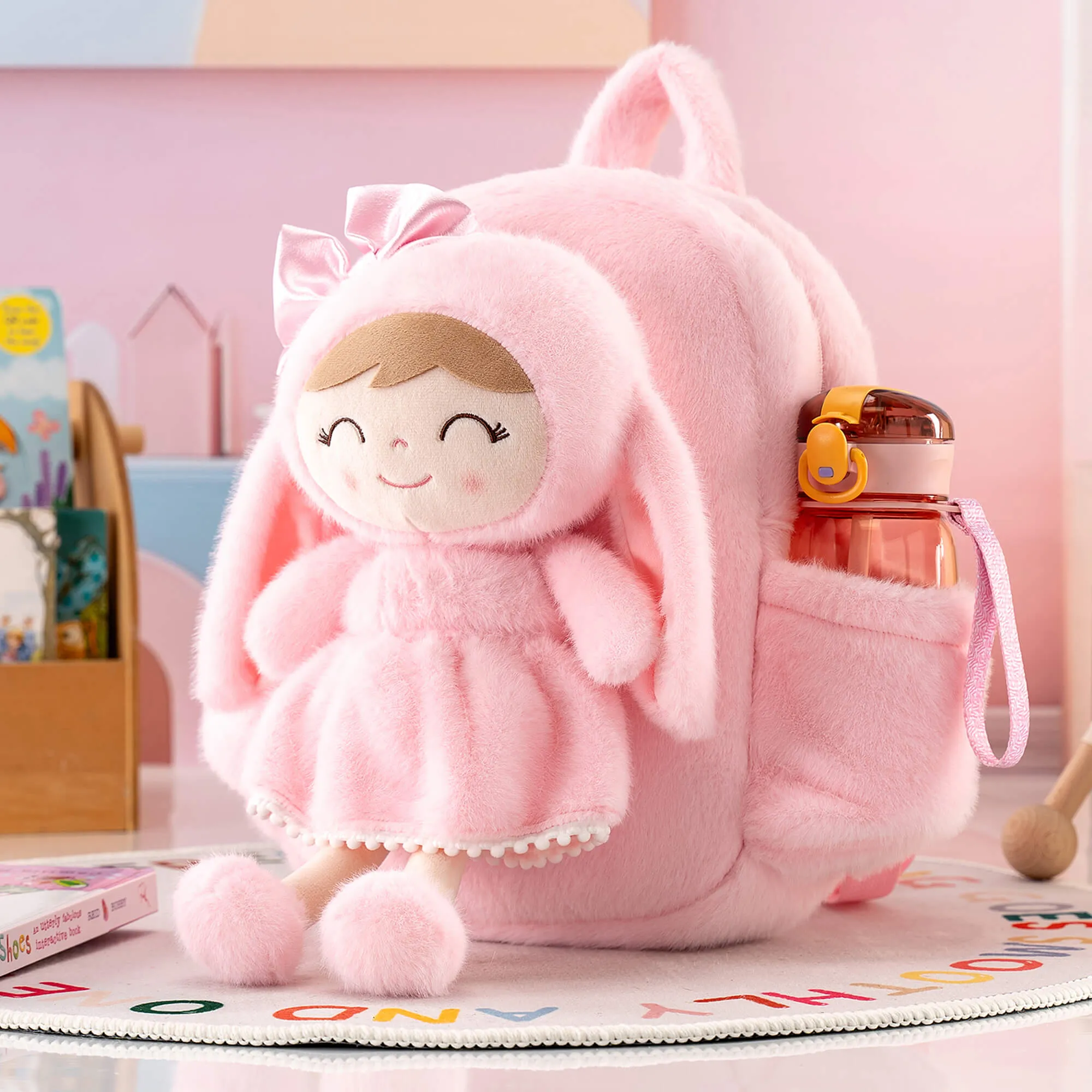 Gloveleya 11-inch Toddler Girl Backpack Snow Ferret Kindergarten Backpacks with 12-inch Pink Bunny Doll