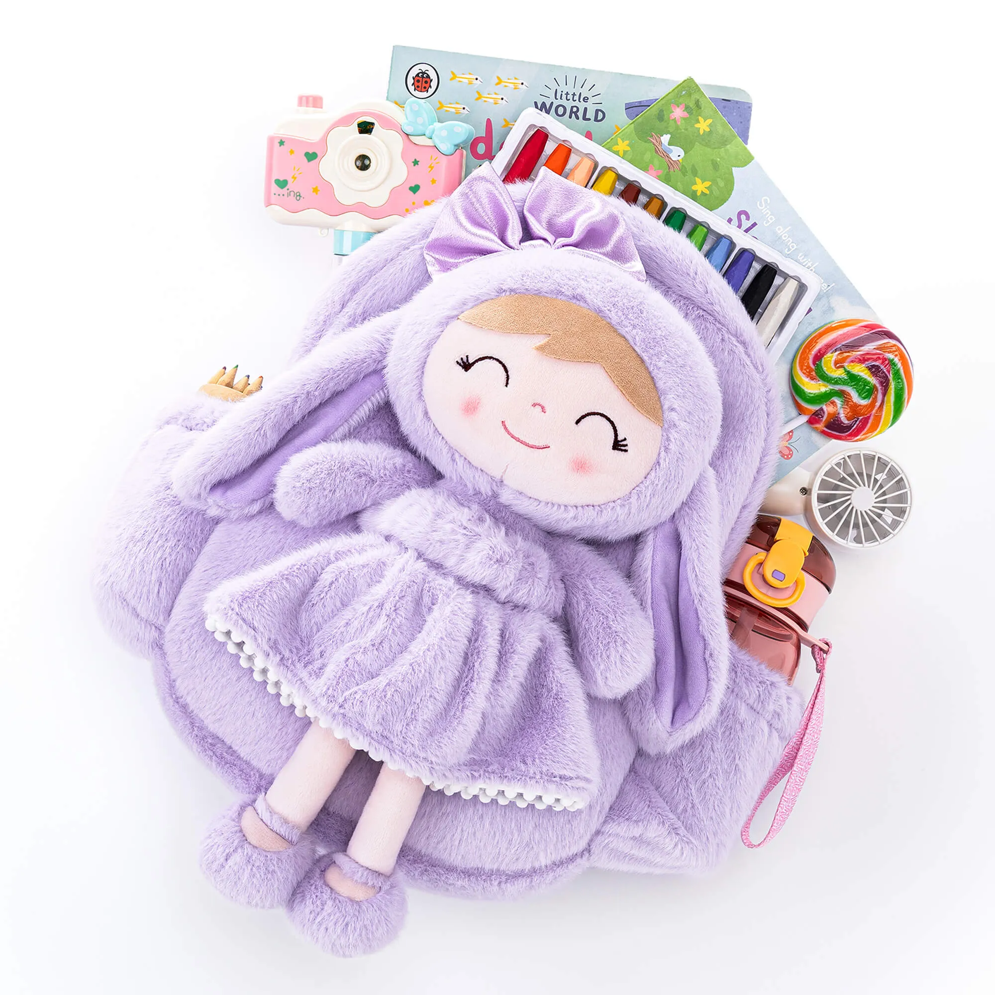 Gloveleya 11-inch Toddler Girl Backpack Snow Ferret Kindergarten Backpacks with 12-inch Purple Bunny Doll