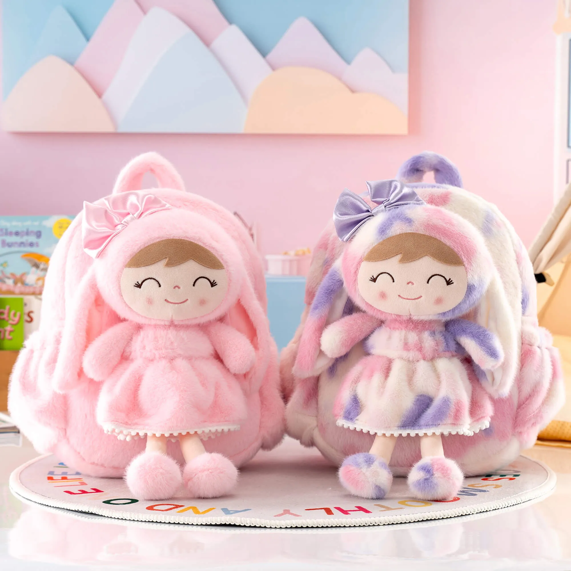 Gloveleya 11-inch Toddler Girl Backpack Snow Ferret Kindergarten Backpacks with 12-inch Rainbow Bunny Doll