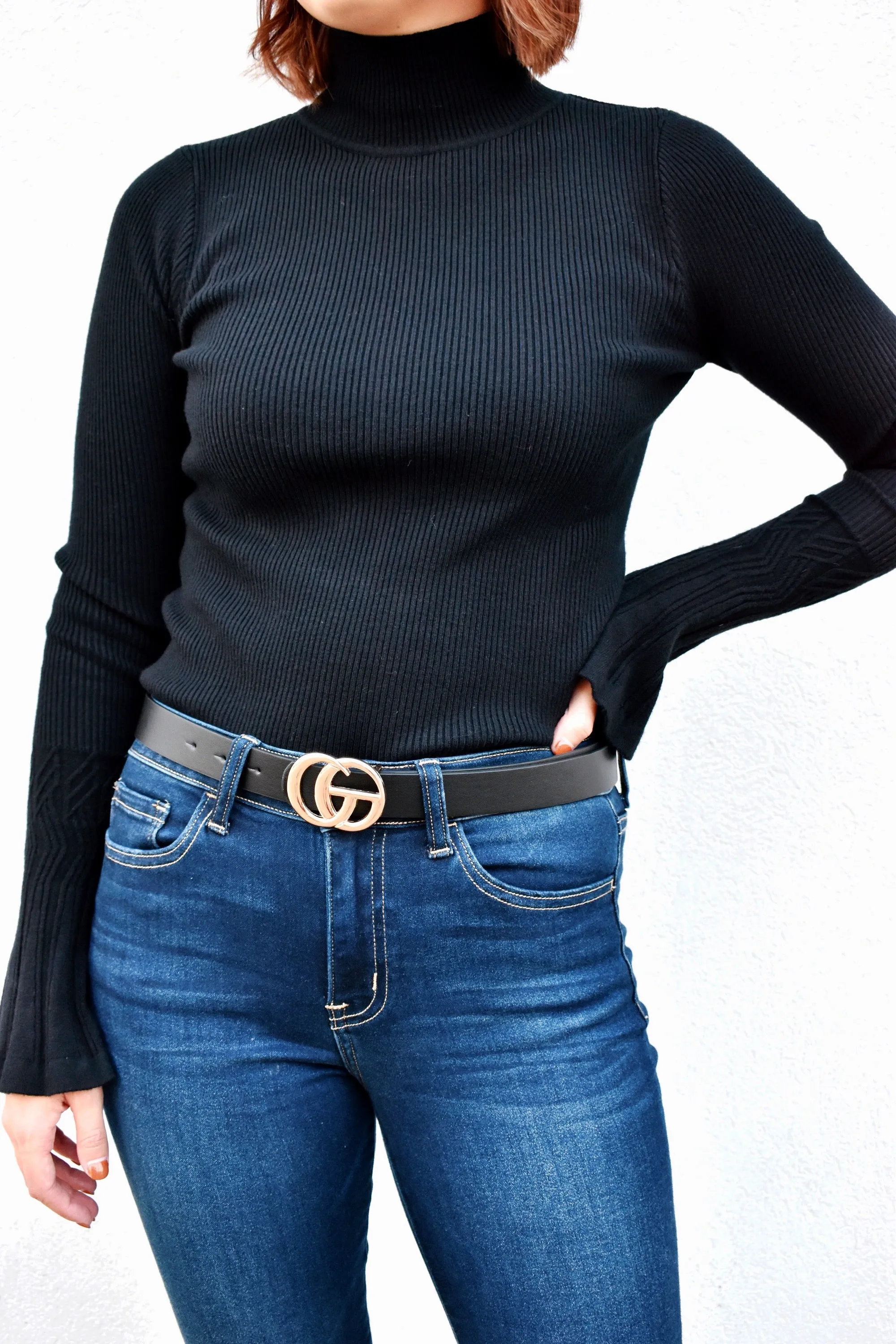 Gold Double G Black Faux Leather Belt