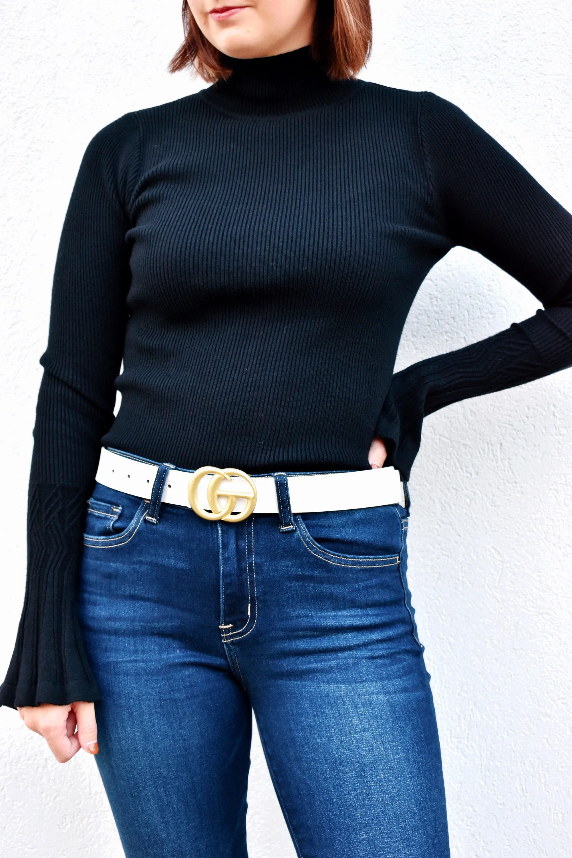 Gold Double G White Faux Leather Belt