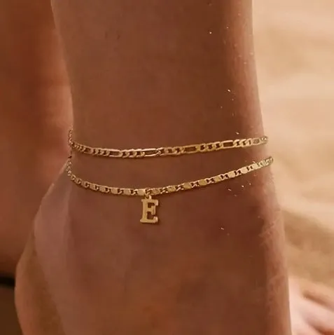 Gold Double Layer Initial Letter Anklets