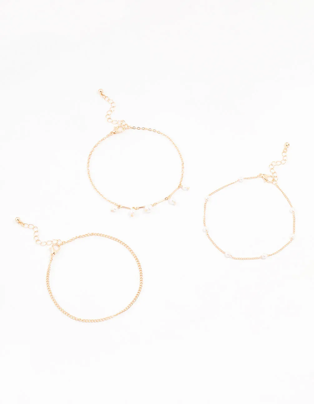 Gold Pearl Stone Drop Anklets 3-Pack