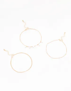 Gold Pearl Stone Drop Anklets 3-Pack