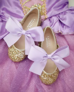 Gold Rock Glitter Mary Jane with Lavender Satin Bow
