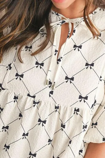 Got the Allure Bow Print Tie Neck Bubble Sleeve Dress in White and Black