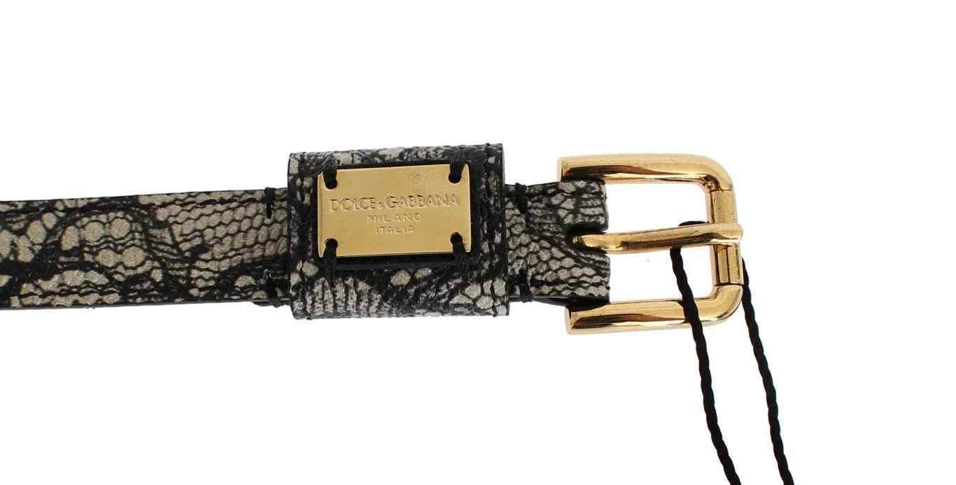 Gray Leather Gold Buckle Logo Waist Belt