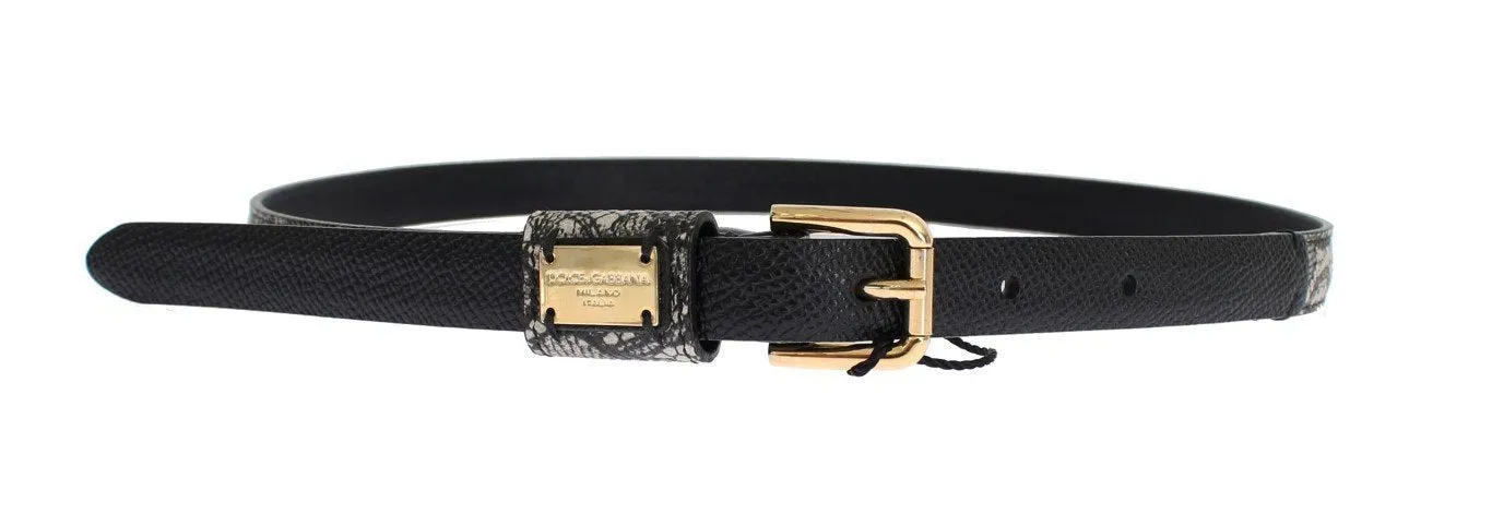 Gray Leather Gold Buckle Logo Waist Belt