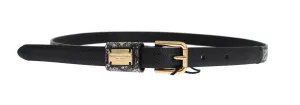 Gray Leather Gold Buckle Logo Waist Belt