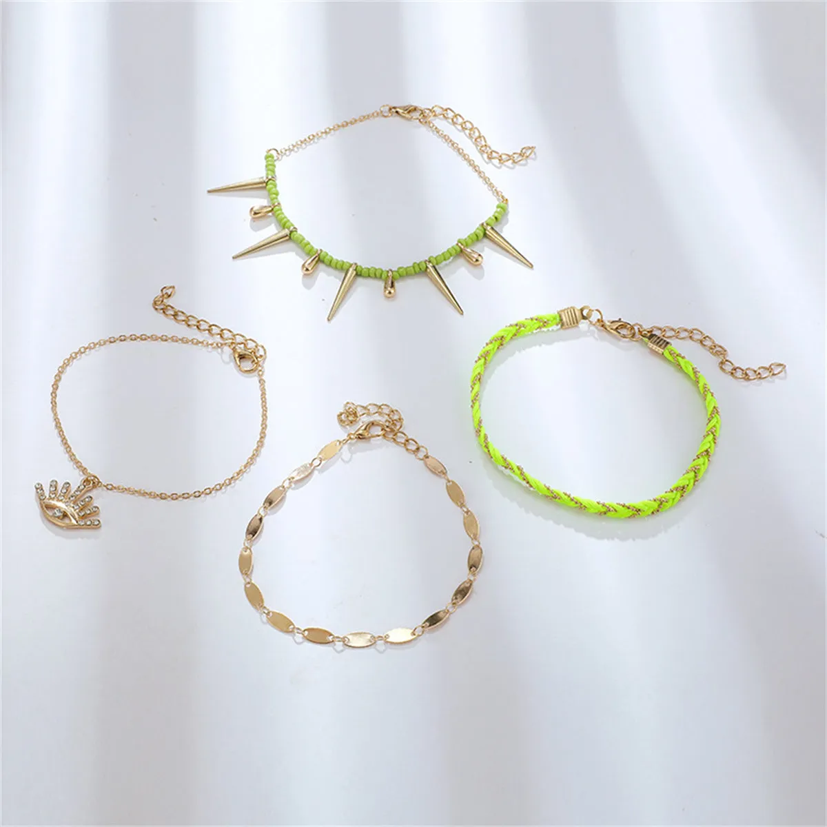 Green & Cubic Zirconia Evil Eye Charm Anklet Set