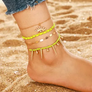 Green & Cubic Zirconia Evil Eye Charm Anklet Set
