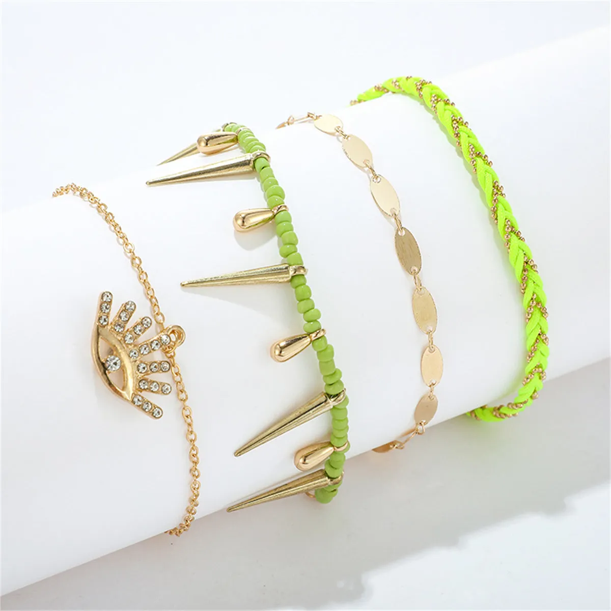 Green & Cubic Zirconia Evil Eye Charm Anklet Set