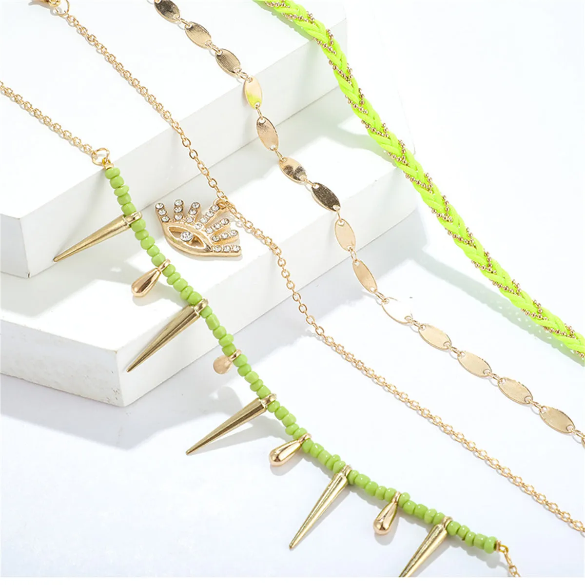 Green & Cubic Zirconia Evil Eye Charm Anklet Set
