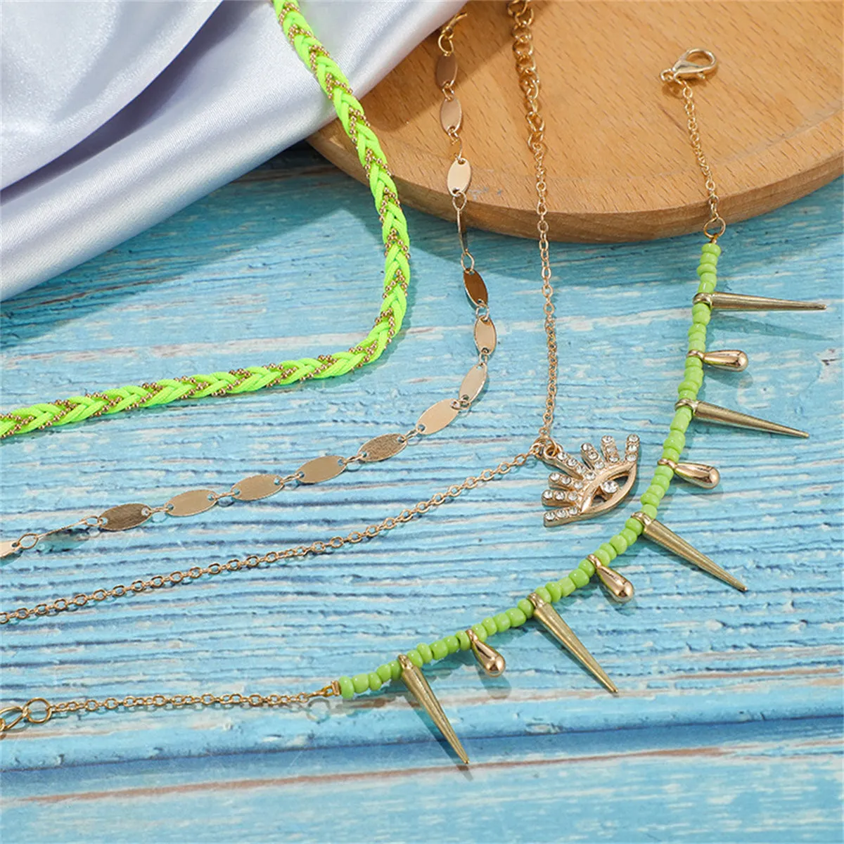 Green & Cubic Zirconia Evil Eye Charm Anklet Set