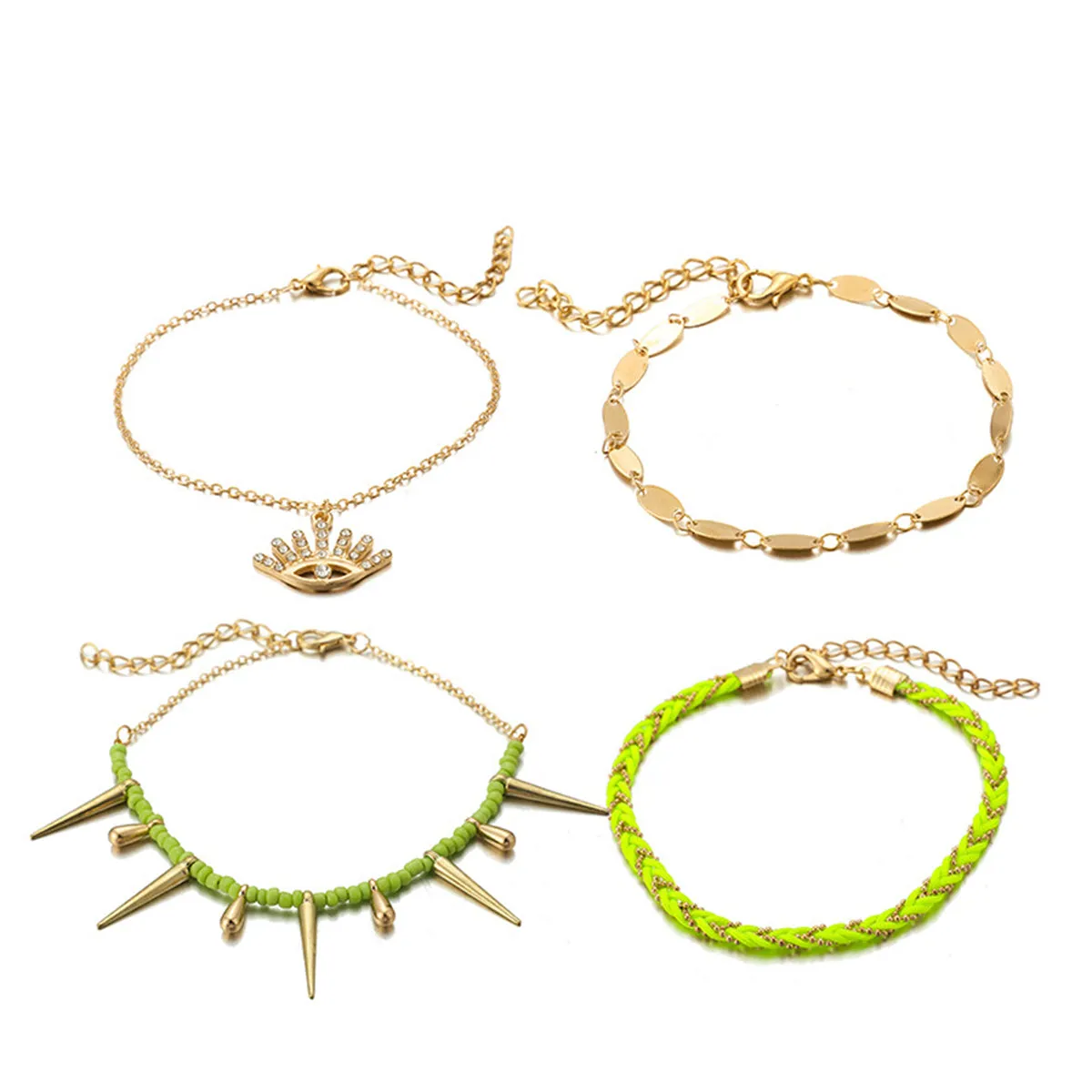 Green & Cubic Zirconia Evil Eye Charm Anklet Set