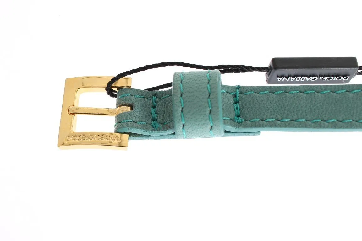 Green Leather Gold Buckle Logo Belt