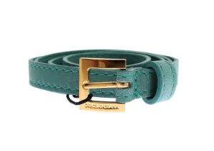 Green Leather Gold Buckle Logo Belt