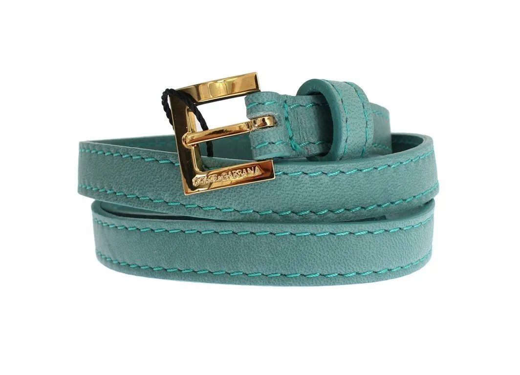 Green Leather Gold Buckle Logo Belt